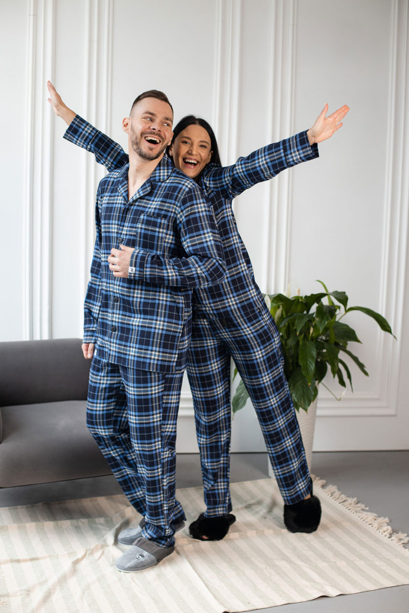 1-1 Парні піжами BO.Brand котонові, сорочка та штани з кишенями, колір синій - Зображення 1