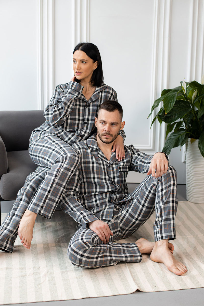 1-2 Парні піжами у сіру клітинку BO.Brand на бавовняній основі (сорочка та штани з кишенями) - Зображення 1