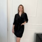 Теплий жіночий халат BO.Brand (на запах з кишенями та поясом, чорний)