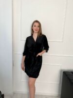 Теплий жіночий халат BO.Brand (на запах з кишенями та поясом, чорний)