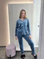 Жіноча піжама на ґудзиках зі штанами, колір синій - Зображення 5