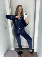 Жіноча піжама на ґудзиках зі штанами, колір синій - Зображення 9