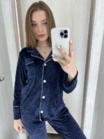 Жіноча піжама на ґудзиках зі штанами, колір синій - Зображення 8