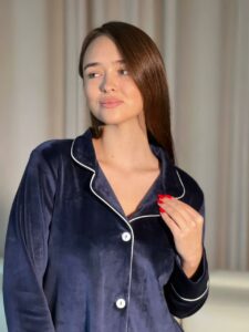 Жіноча піжама на ґудзиках BO.Brand (сорочка та штани, колір синій) - Зображення 7