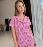 Піжама жіноча із бавовни BO.Brand сорочка та шорти, рожева клітинка - Зображення 6