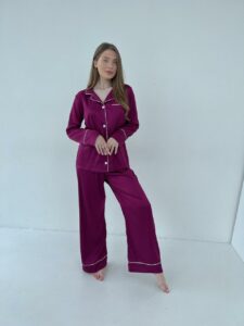 Жіноча піжама BO.Brand 2 в 1, сорочка з довгим рукавом та вільні штани, малиновий - Зображення 8