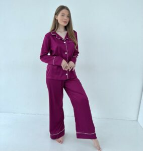 Жіноча піжама BO.Brand 2 в 1, сорочка з довгим рукавом та вільні штани, малиновий - Зображення 6