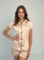 Піжама жіноча BO.Brand шовк Армані (сорочка і шорти, колір бежевий) - Зображення 4