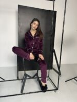 Жіночий домашній велюровий костюм BO.Brand, піжама на ґудзиках та штани баклажан - Зображення 2