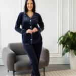 Жіноча велюрова піжама BO.Brand на ґудзиках та штани, колір синій