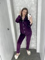 Жіночий домашній велюровий костюм BO.Brand, піжама на ґудзиках та штани баклажан - Зображення 4