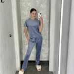 Піжама жіноча BO.Brand синя велюрова 3 в 1 (футболка, шорти та штани)