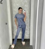 Піжама жіноча BO.Brand синя велюрова 3 в 1 (футболка, шорти та штани)