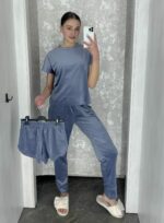 Піжама жіноча BO.Brand синя велюрова 3 в 1 (футболка, шорти та штани) - Зображення 2