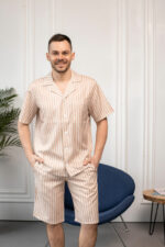 Чоловіча піжама BO.Brand з льону в бежеву смужку - Зображення 2