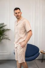 Чоловіча піжама BO.Brand з льону в бежеву смужку - Зображення 14