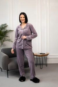 Зимова велюрова жіноча піжама BO.Brand (домашній костюм на ґудзиках та штани, колір какао) - Зображення 2