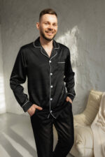 Піжама чоловіча шовкова BO.Brand чорний колір з білим - Зображення 2