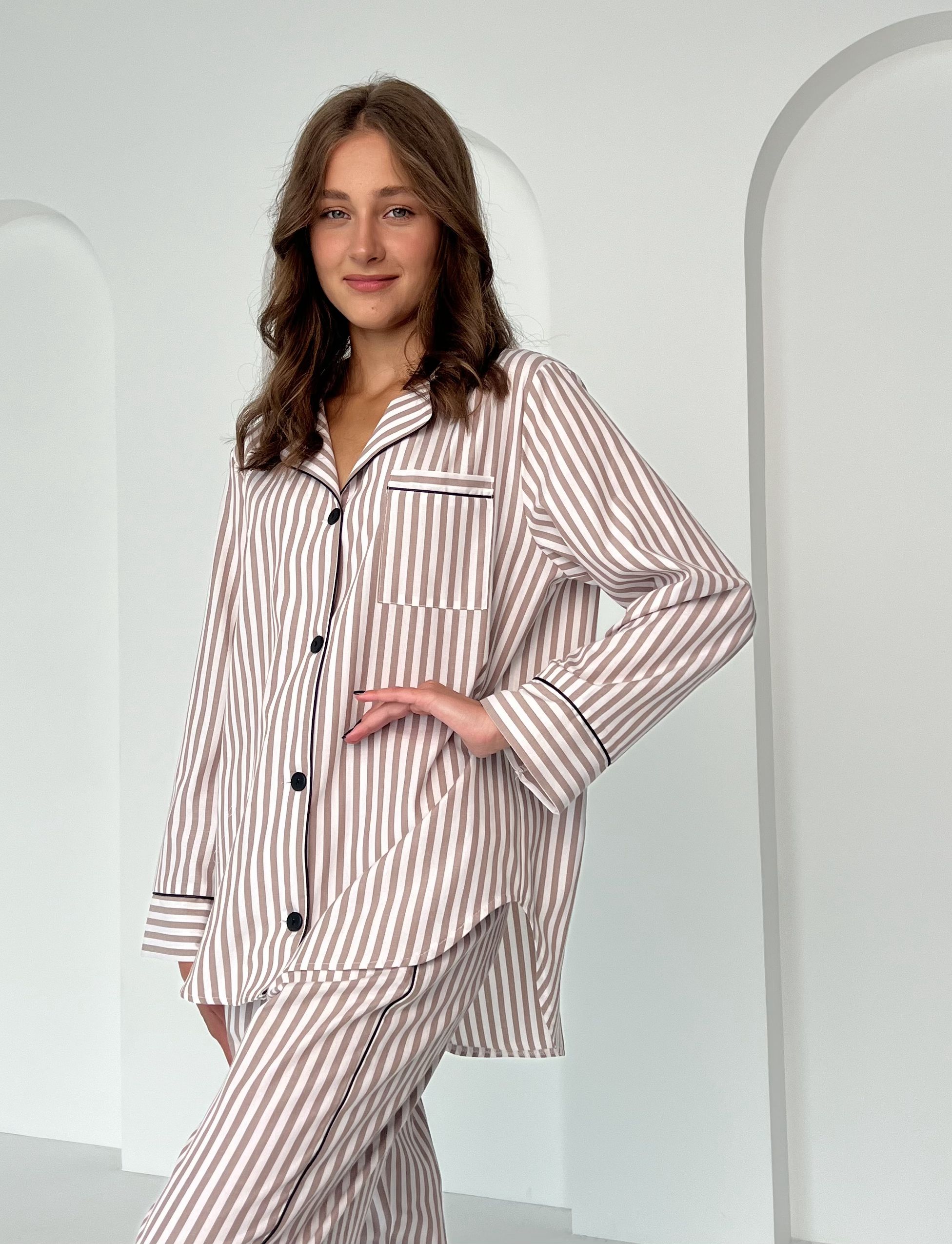 img_9282 Жіноча сорочка та штани BO.Brand, піжама у коричневу смужку - Зображення 1