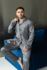 Шовкова чоловіча піжама BO.Brand графіт, сорочка і штани - Зображення 3