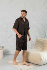 Чоловіча піжама шовкова BO.Brand шорти та сорочка, коричневий колір - Зображення 3