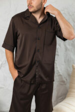 Чоловіча піжама шовкова BO.Brand шорти та сорочка, коричневий колір - Зображення 2