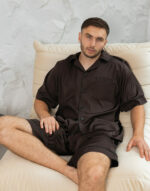 Чоловіча піжама шовкова BO.Brand шорти та сорочка, коричневий колір