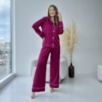 Жіноча піжама BO.Brand 2 в 1, сорочка з довгим рукавом та вільні штани, малиновий