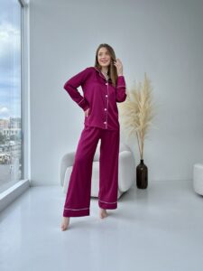Жіноча піжама BO.Brand 2 в 1, сорочка з довгим рукавом та вільні штани, малиновий