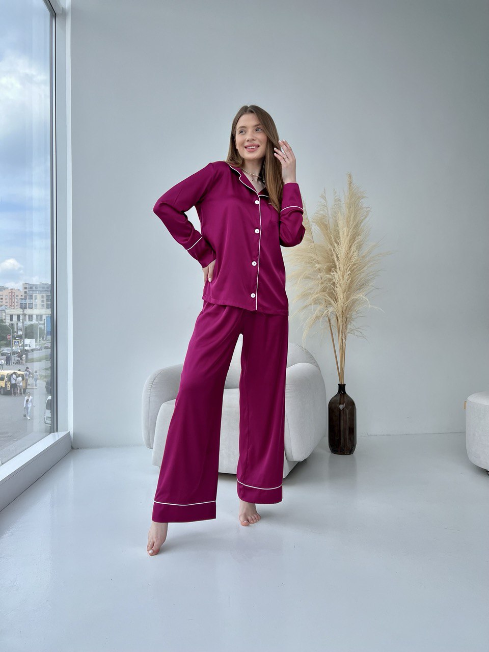 photo1698235631 Жіноча піжама BO.Brand 2 в 1, сорочка з довгим рукавом та вільні штани, малиновий - Зображення 1