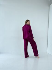 Жіноча піжама BO.Brand 2 в 1, сорочка з довгим рукавом та вільні штани, малиновий - Зображення 4