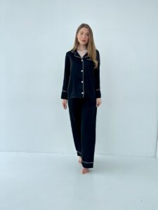 Жіноча піжама 2 в 1 BO.Brand, сорочка та штани, шовк, колір чорний - Зображення 11