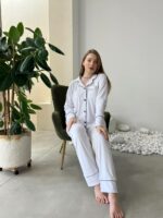 Жіноча піжама BO.Brand на ґудзиках зі штанами, колір білий - Зображення 2