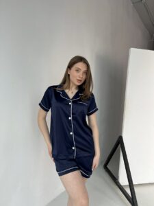 Жіноча піжама BO.Brand комплект сорочка та шорти, колір синій - Зображення 2