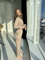 Жіноча шовкова піжама BO.Brand сорочка та штани, бежевий - Зображення 3