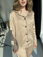 Жіноча шовкова піжама BO.Brand сорочка та штани, бежевий - Зображення 4