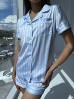 Піжама жіноча шовкова BO.Brand сорочка з шортами, блакитна смужка