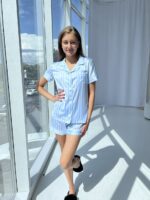 Піжама жіноча шовкова BO.Brand сорочка з шортами, блакитна смужка - Зображення 2