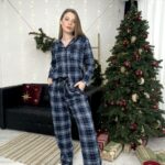 Жіноча піжама бавовняна BO.Brand, натуральна тканина котон, синій у клітинку