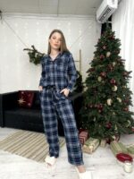 Жіноча піжама бавовняна BO.Brand, натуральна тканина котон, синій у клітинку