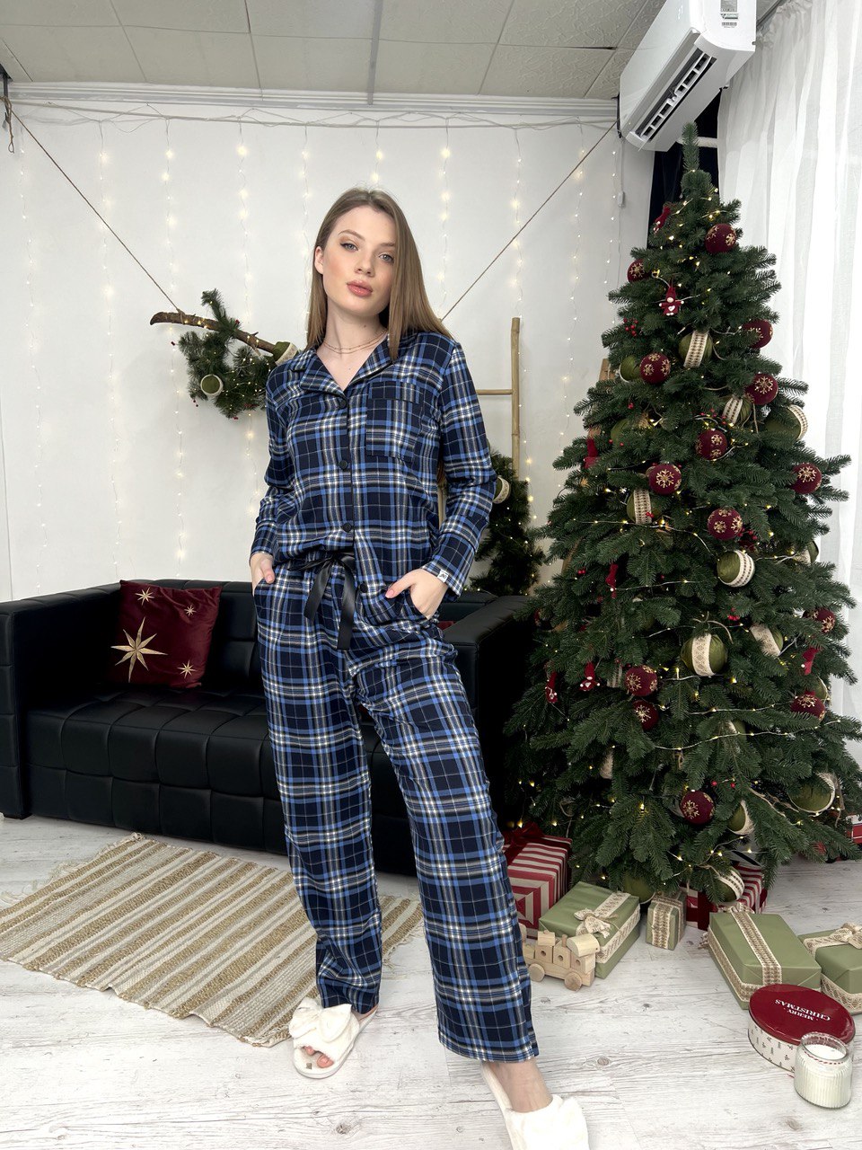 photo_5269568699600326461_y Жіноча піжама бавовняна BO.Brand, натуральна тканина котон, синій у клітинку - Зображення 1